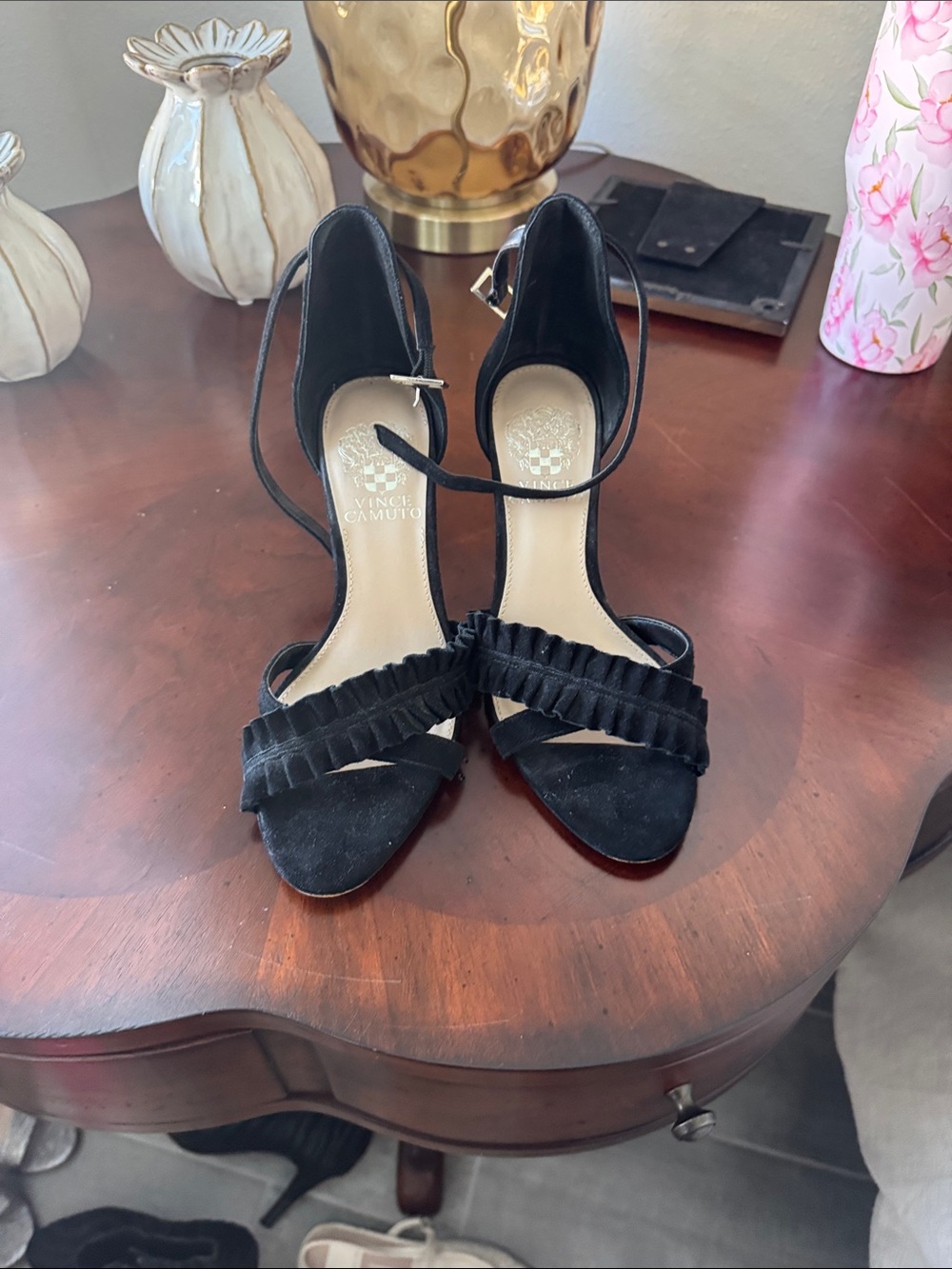 Vince Camuto Black Ruffle Ankle-Strap Heels